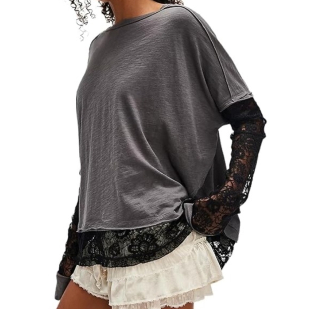 We The Free Gray Top with Black Lace Sleeves
